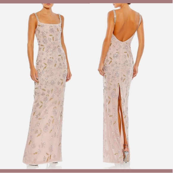 NWT $498 Mac Duggal [ 8 ] Hand Beaded Floral Spaghetti Strap Gown in‎ Rose Pink - Picture 2 of 13